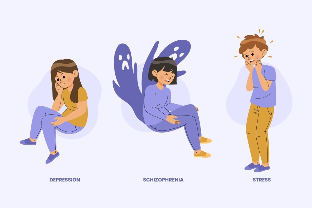Gambar Ilustrasi tiga Wajah Kesehatan: Mental Depresi, Skizofrenia, dan Stres/freepik.com