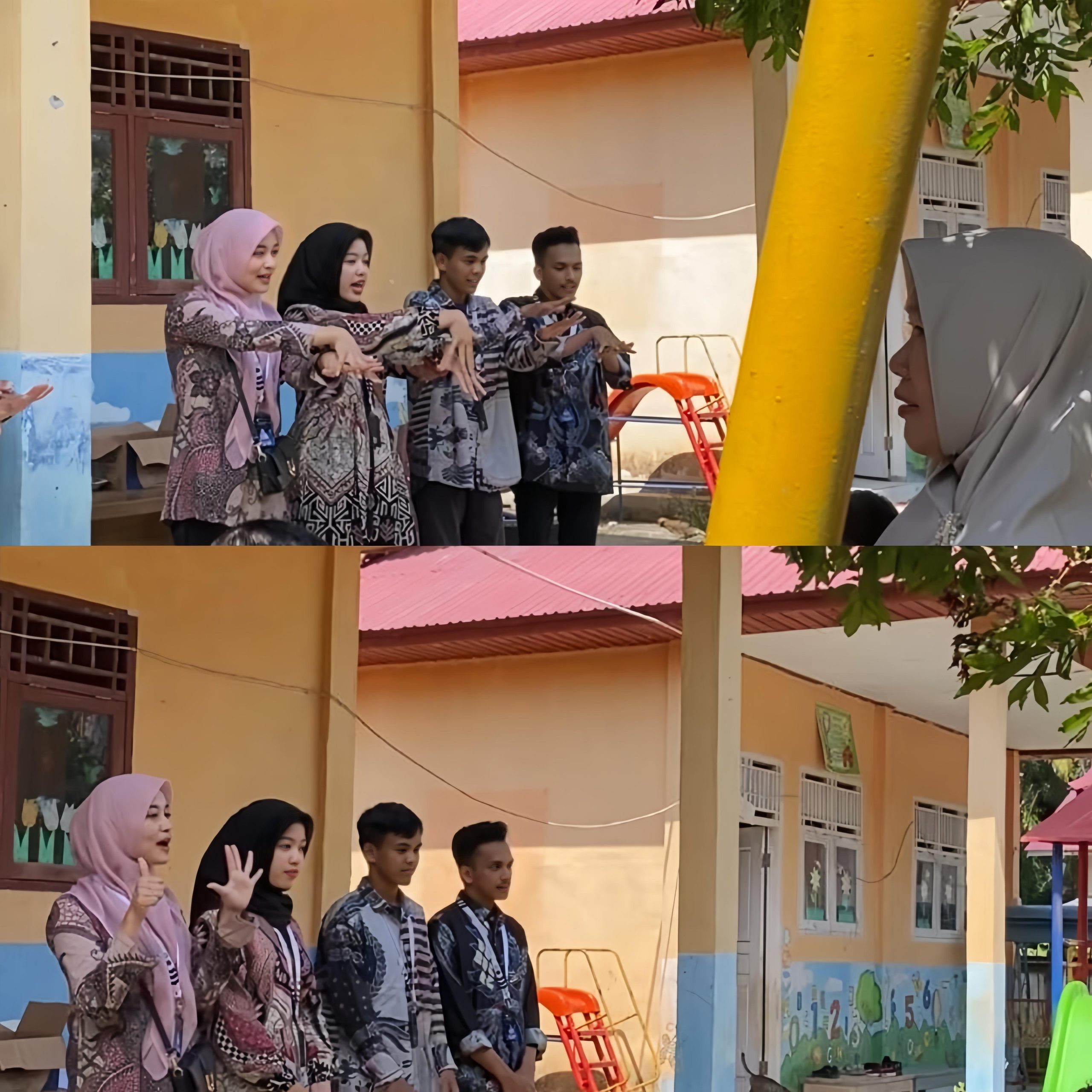 Mahasiswa Kukerta MBKM UNRI saat mendemonstrasikan cara mencuci tangan yang benar. 
(doc. Mahasiswa Kukerta MBKM UNRI)