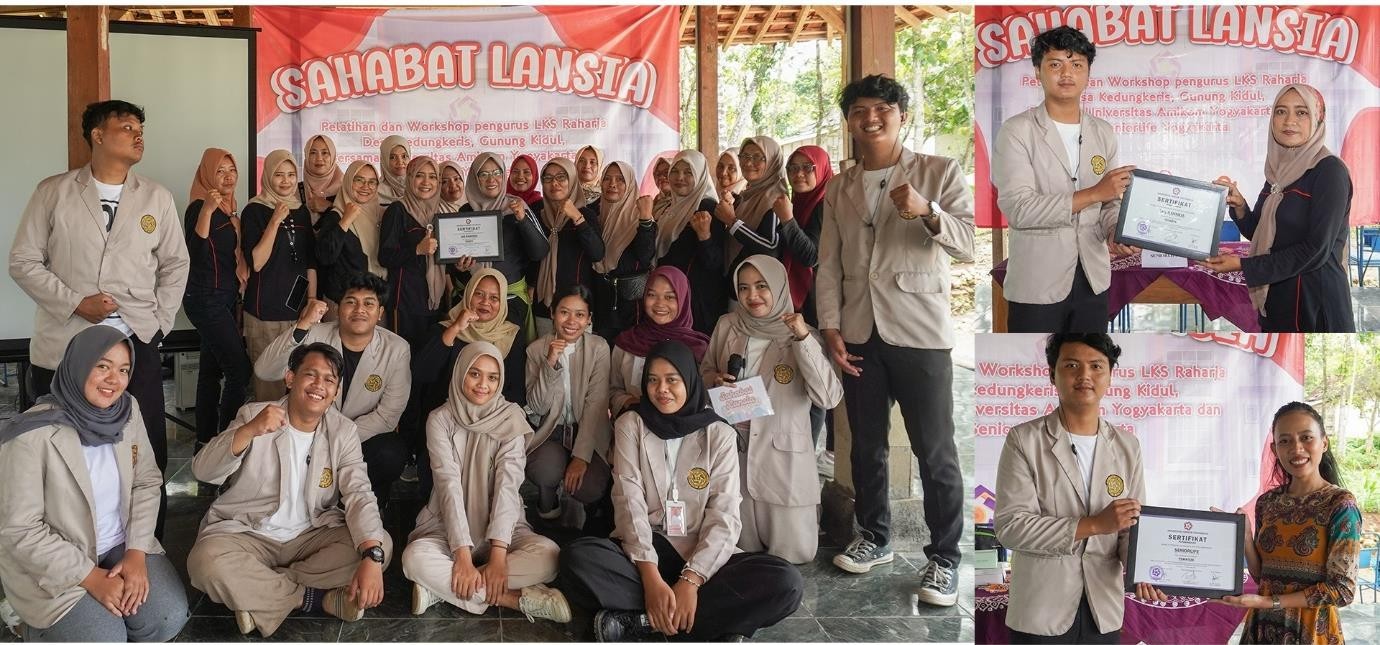 Kebersamaan mahasiswa Amikom dengan LKS Raharja dan Seniorlife. (doc. Kelompok proyek sosial mahasiswa Universitas Amikom Yogyakarta)