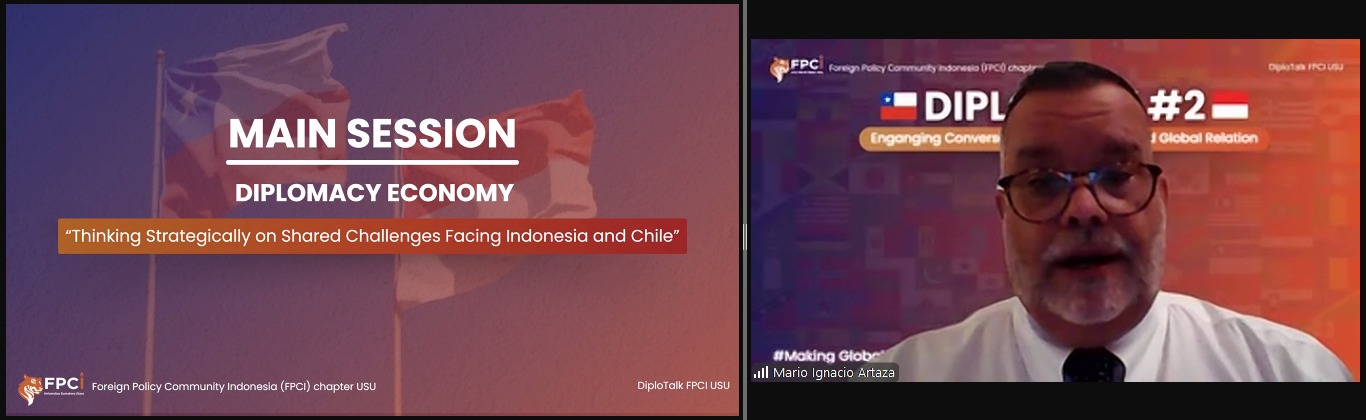 Mario Ignacio Artaza, Duta Besar Republik Chili untuk Republik Indonesia, sebagai narasumber utama dalam Diplotalk #2 (doc. FPCI USU)