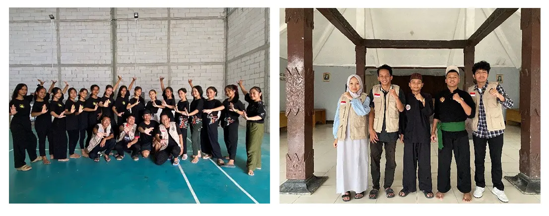 Mahasiswa KKN UNS bersama Sanggar Wijaya Kusuma dan PSNU Pagar Nusa dalam rangka mengenal kebudayaan dan kesenian lokal Desa Ujungmanik, Kecamatan Kawunganten, Kabupaten Cilacap. (doc. KKN UNS 23)