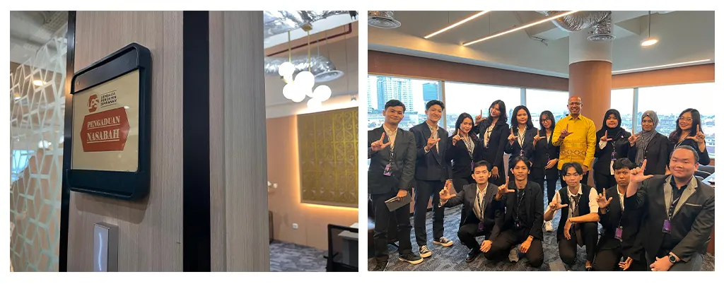 Ruangan Pengaduan Nasabah (kiri) dan foto anggota FPCI USU dengan Bapak Muhamad Yusron (kanan). (doc. FPCI USU)