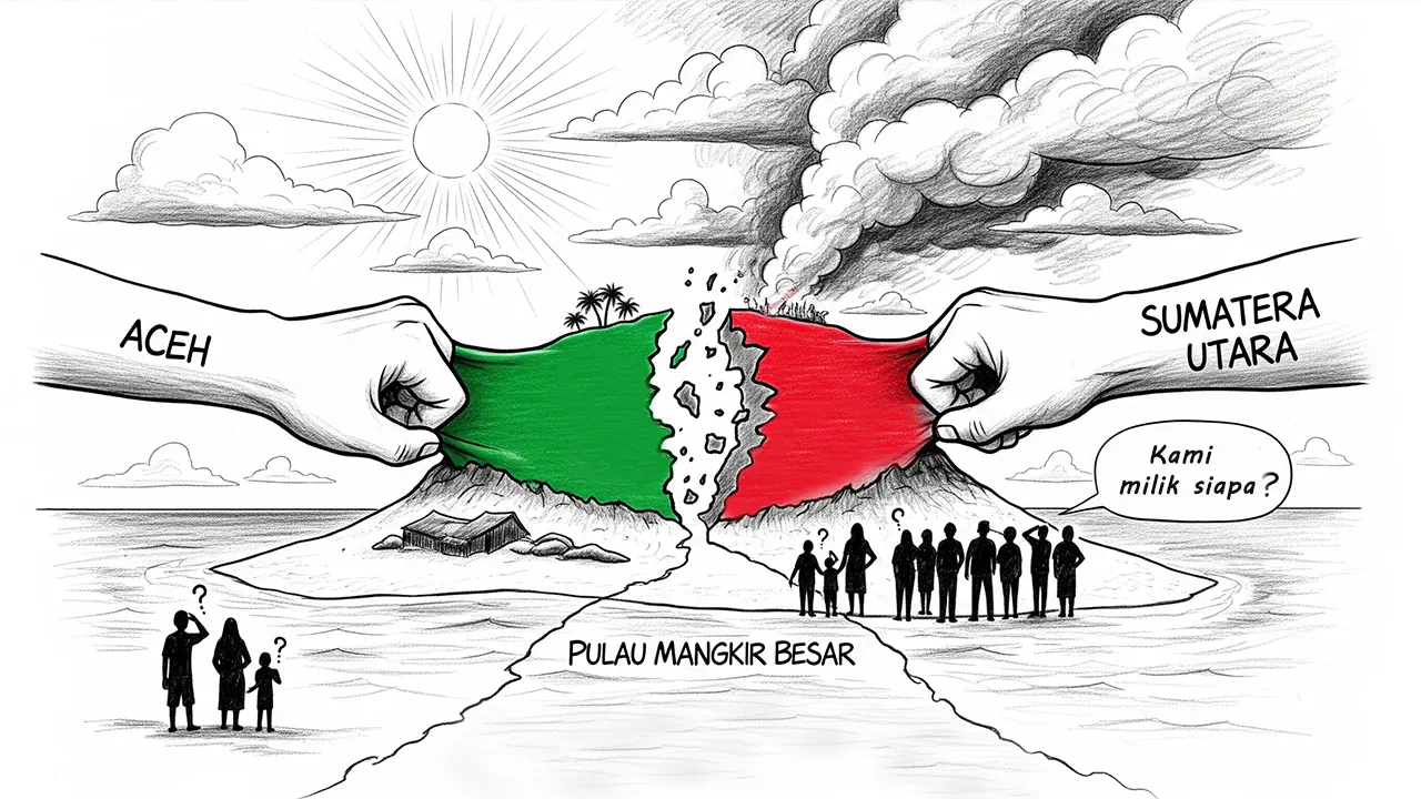 Ilustrasi Pulau Mangkir Besar ditarik dua arah, antara klaim Aceh dan Sumatera Utara menjadi simbol rapuhnya pengakuan wilayah dalam tata kelola negara. (GG)