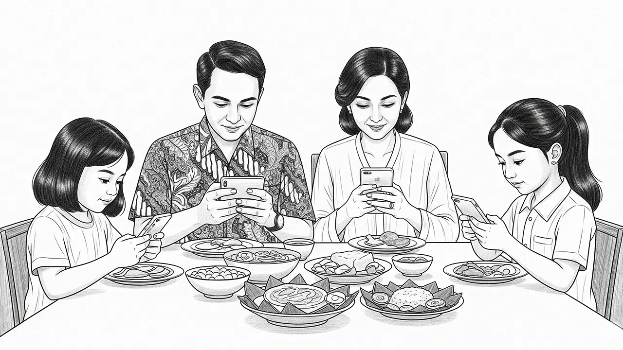 Ilustrasi bagaimana kecanduan gawai merusak interaksi keluarga dan kebersamaan. (GG)