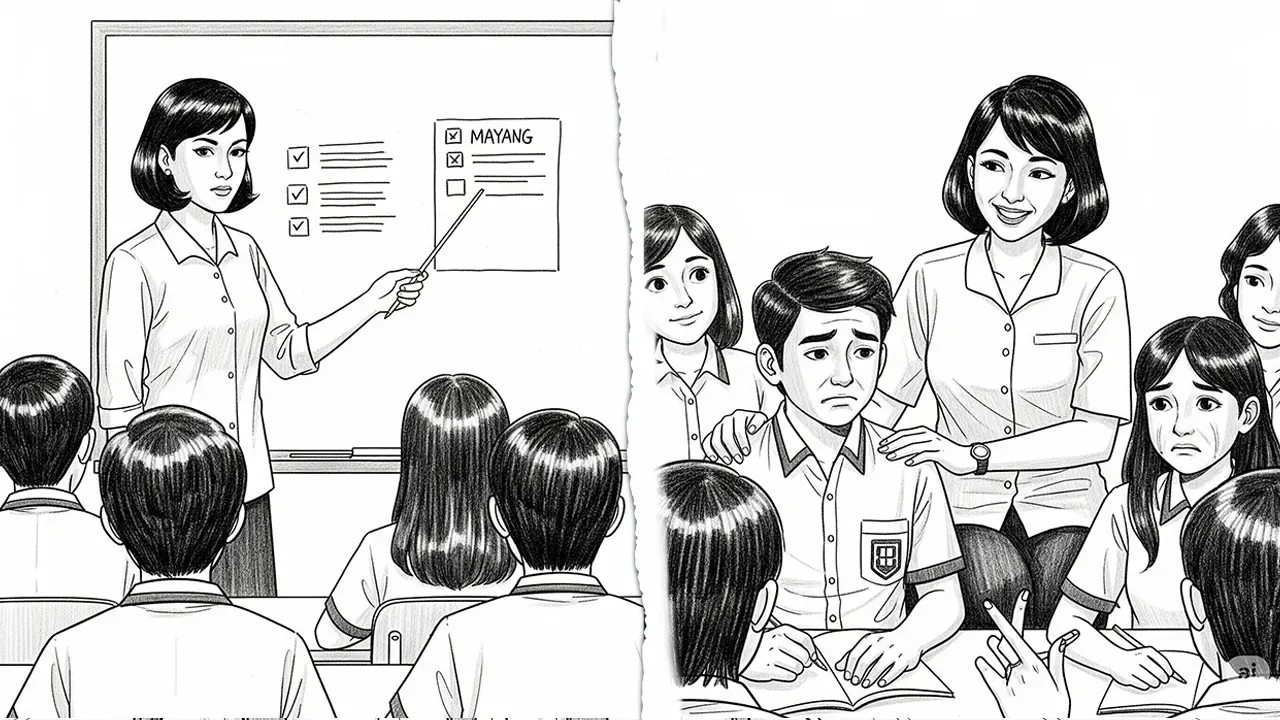 Ilustrasi kontras antara mengajar berdasarkan silabus semata dan mengajar dengan empati dan hati. (GG)