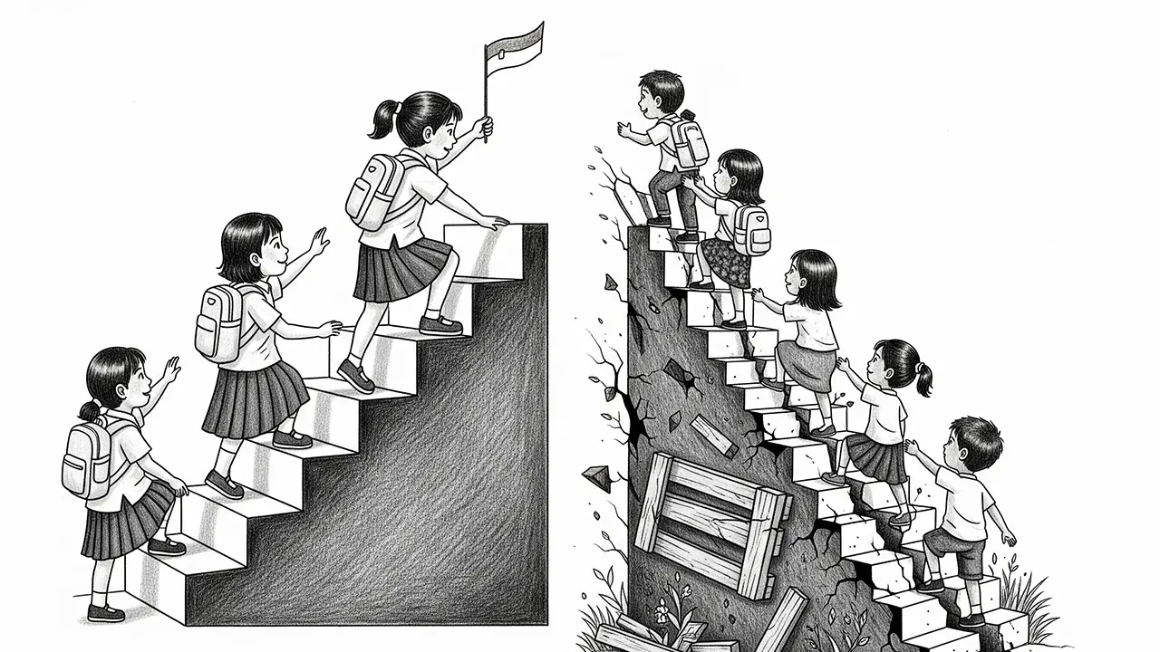 Ilustrasi kontras perjuangan anak dalam menempuh pendidikan. (GG)