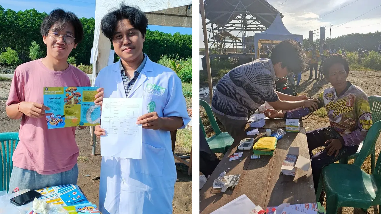 Mahasiswa KKN Tematik SDGs Kelompok 1 Tim 35, Muhammad Nadif Al Ghfari berfoto dengan salah satu pemancing dan warga saat melakukan sosialisasi Penyakit Kulit pada acara Guyub Istambul di Desa Tambakbulusan, Demak pada, (8/6/2025). (doc. Kelompok 1 KKN-T 35 UNDIP)