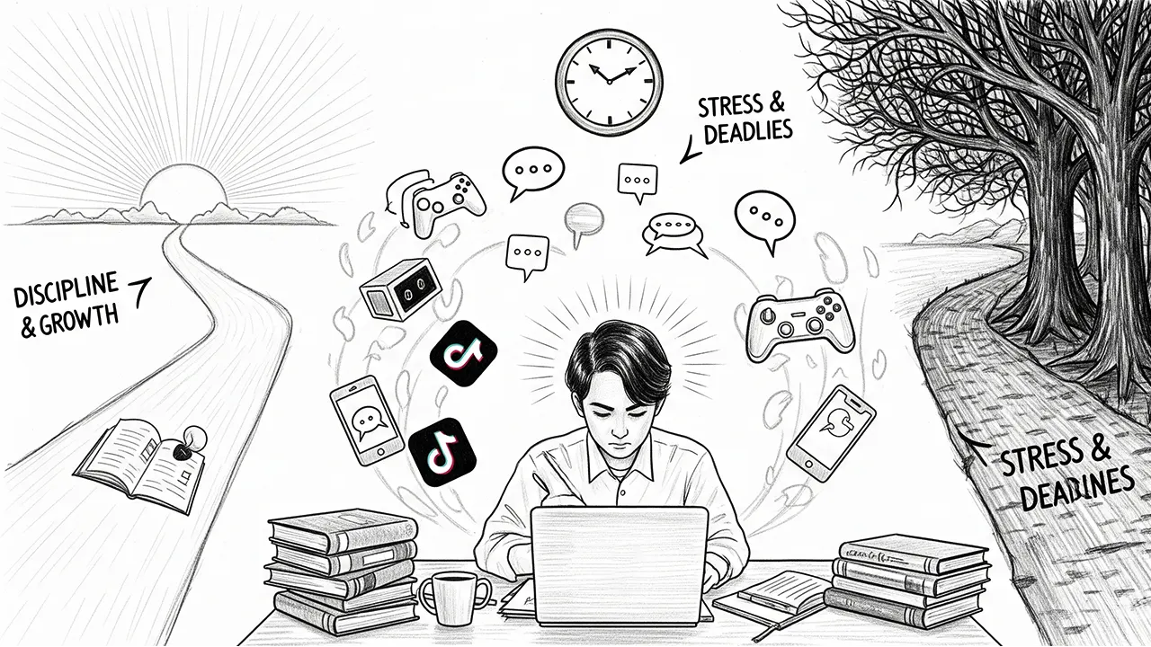 A depiction of the silent battle students fight daily between the lure of distraction and the pursuit of academic discipline. (GG)