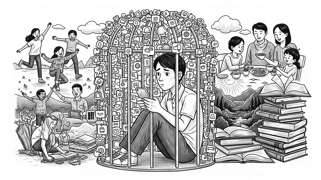 A visual metaphor of how device addiction can trap teens in a world of screens, cutting them off from meaningful real-world experiences. (GG)