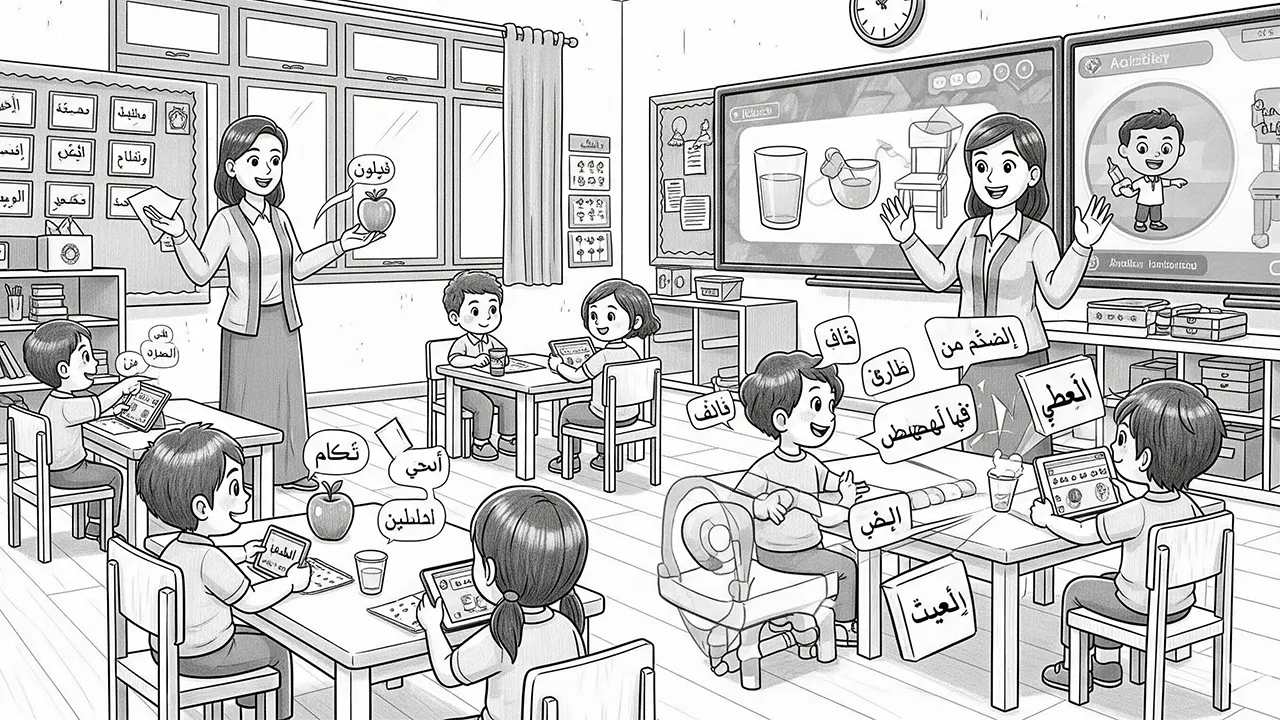 A visualization of how direct, immersive interaction supported by engaging digital technology can transform Arabic learning into a dynamic, natural experience for young children. (GG)