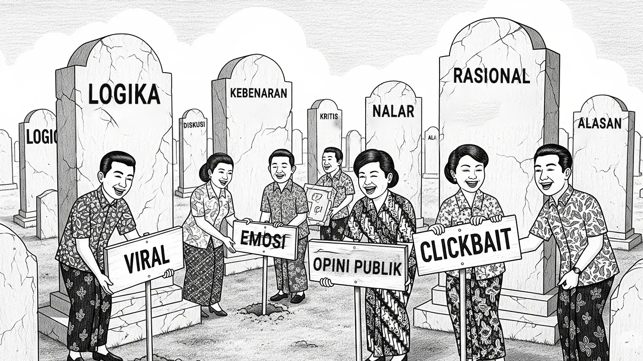 Ilustrasi Ketika suara keras dan keviralan jadi ukuran kebenaran, nalar dan logika pelan-pelan terkubur tanpa upacara. (GG)