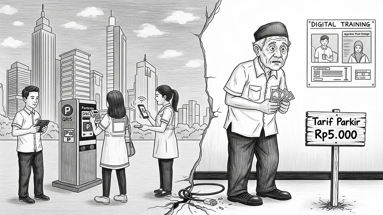 Ilustrasi ini menyoroti bahwa kemajuan teknologi tanpa kesiapan manusia hanya akan menciptakan jarak sosial dan ketimpangan baru dalam ruang kota pintar. (GG)