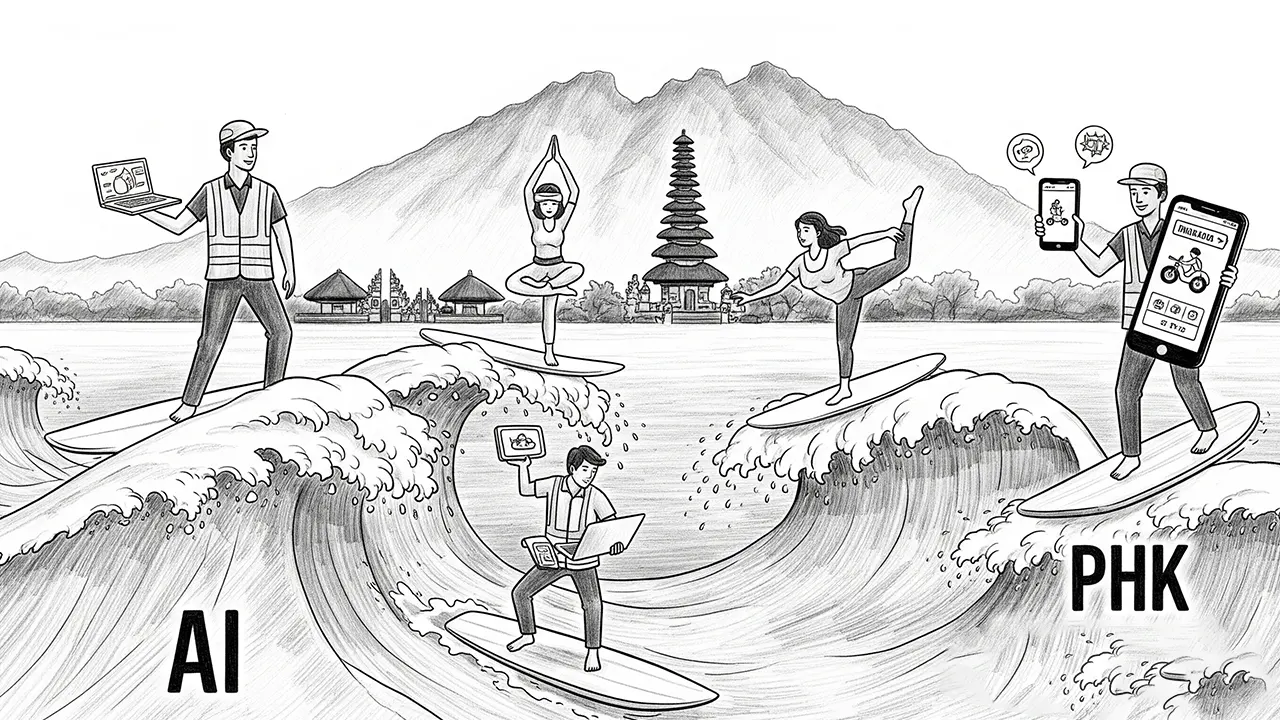 Ilustrasi menggambarkan bahwa dengan agile mindset, pekerja Bali tidak tenggelam oleh gelombang perubahan, melainkan bisa berselancar dan menemukan jalan baru. (GG)