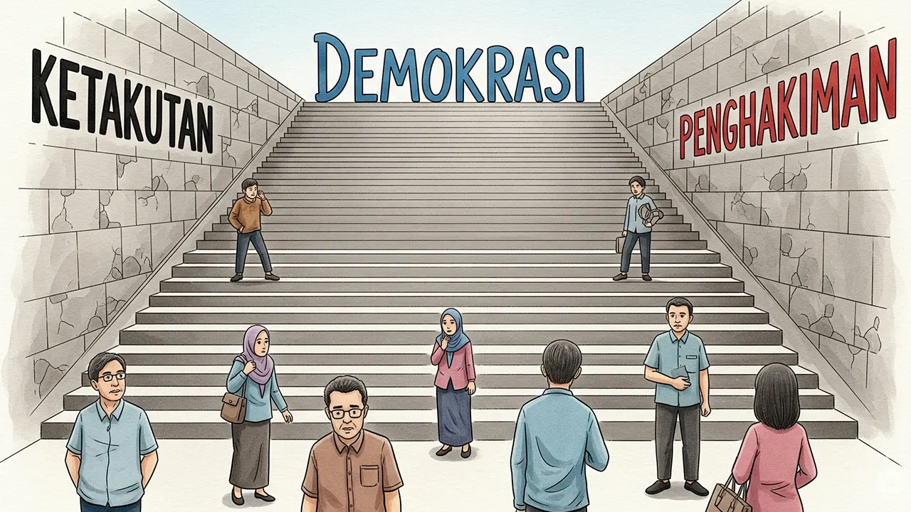 Ilustrasi menggambarkan bahwa menuju demokrasi sejati butuh keberanian melawan ketakutan dan stigma. (GG)