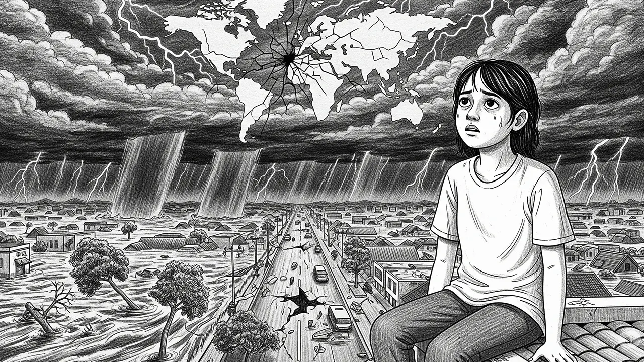 Ilustrasi menggambarkan kecemasan generasi muda terhadap masa depan bumi yang semakin tak pasti akibat krisis iklim global. (GG)