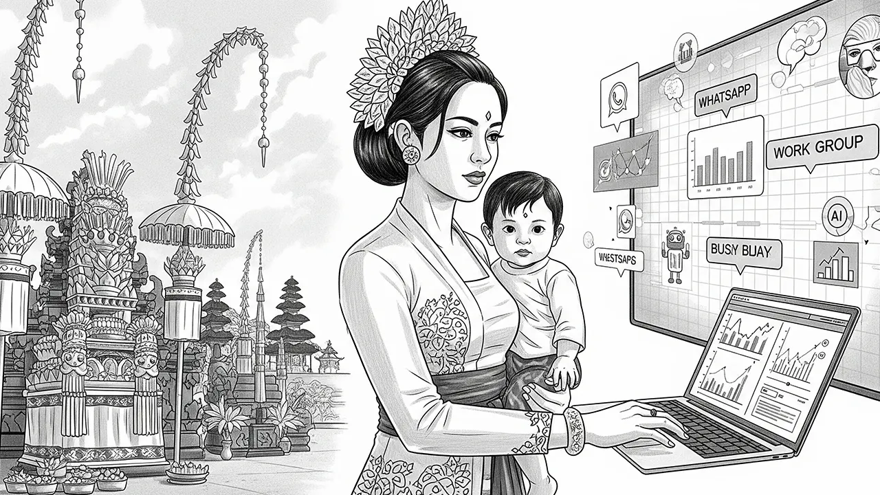 Ilustrasi menggambarkan keseharian ibu pekerja Bali yang berada di persimpangan antara tanggung jawab tradisi dan tuntutan dunia digital. (GG)