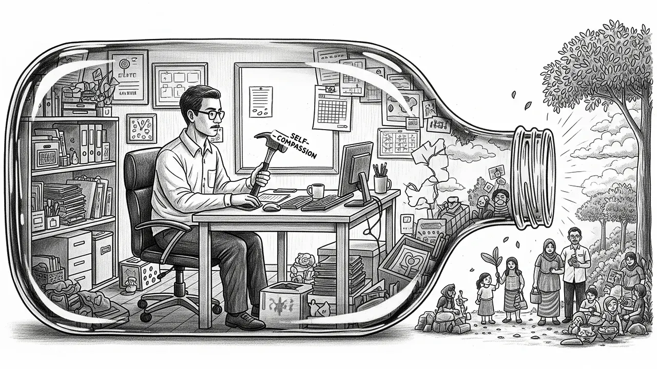 Ilustrasi simbolik tentang tekanan lingkungan kerja yang mengurung, dan kekuatan dari dalam diri yang bisa menjadi jalan keluar. (GG)