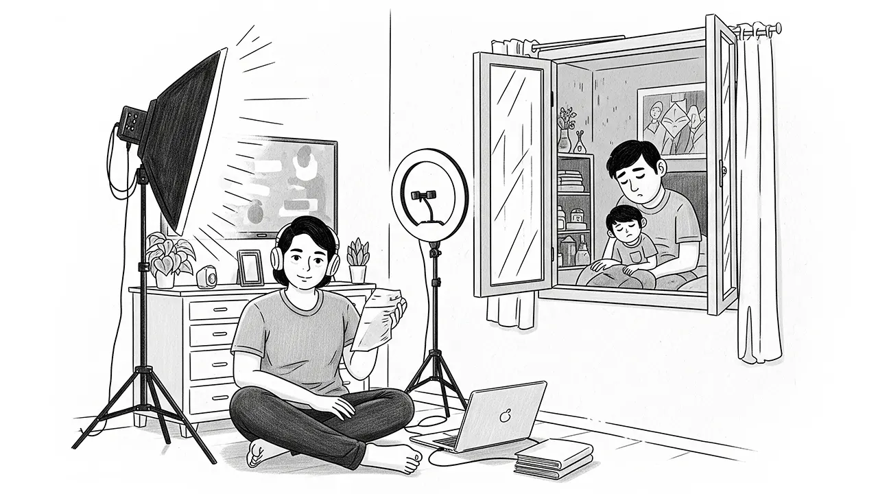 Ilustrasi tentang peran ganda seorang content creator yang hidup di dua dunia, panggung kamera dan panggung kehidupan nyata. (GG)