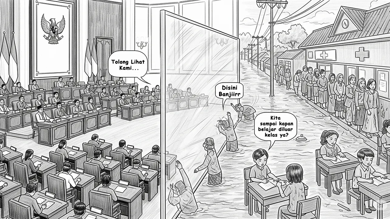 Kontras antara ruang kekuasaan dan realitas rakyat memperlihatkan pentingnya jembatan kepercayaan yang belum sepenuhnya dibangun dalam demokrasi kita. (GG)