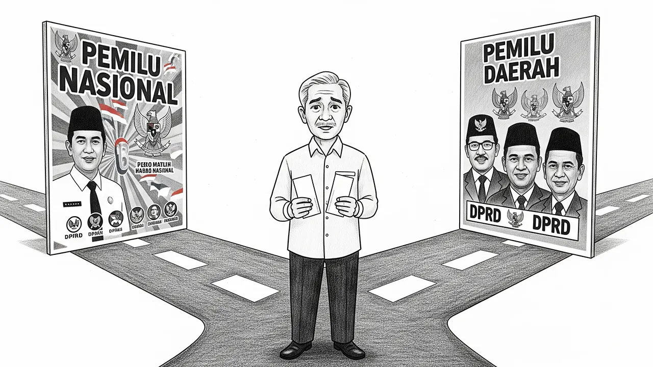 Melambangkan dilema dan harapan baru masyarakat dalam menghadapi sistem pemilu yang berubah akibat putusan MK. (GG)