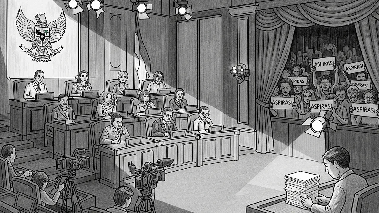 Menggambarkan paradoks ketika panggung politik lebih dipenuhi oleh sorotan kamera ketimbang suara rakyat. (GG)