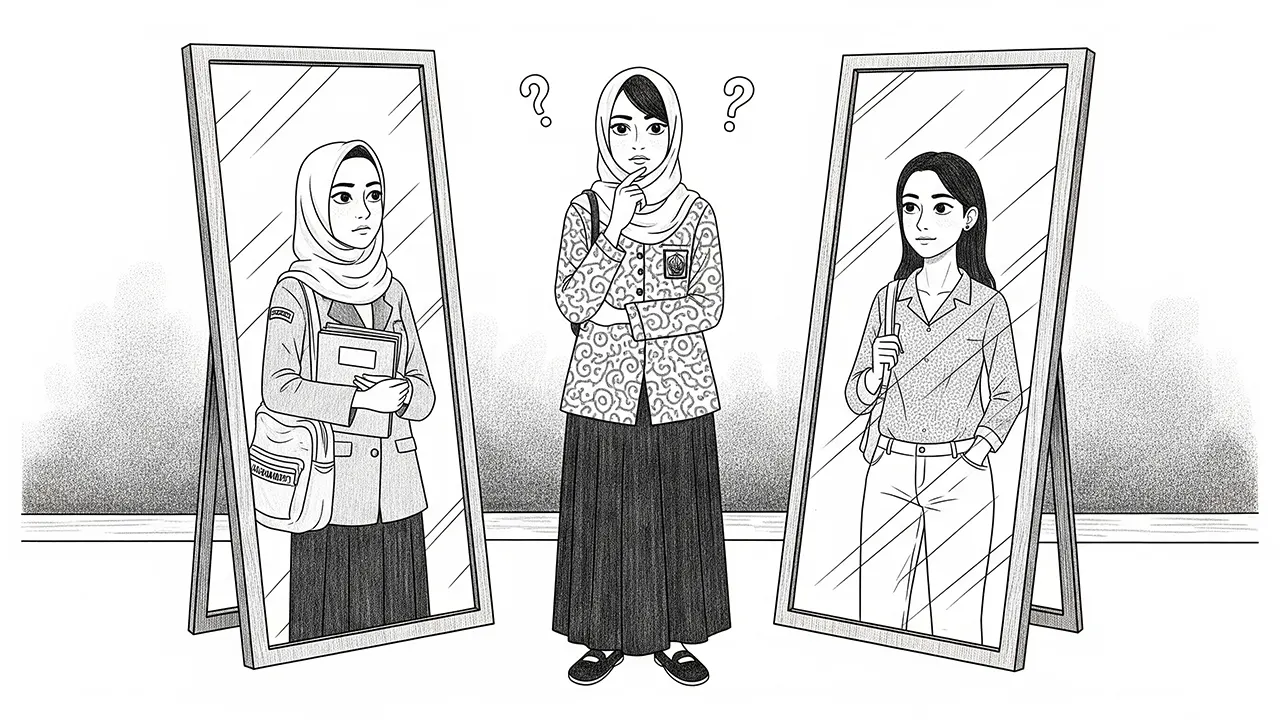 Refleksi tentang identitas diri yang terus bergulat di antara tuntutan sosial dan kebutuhan akan keotentikan. (GG)