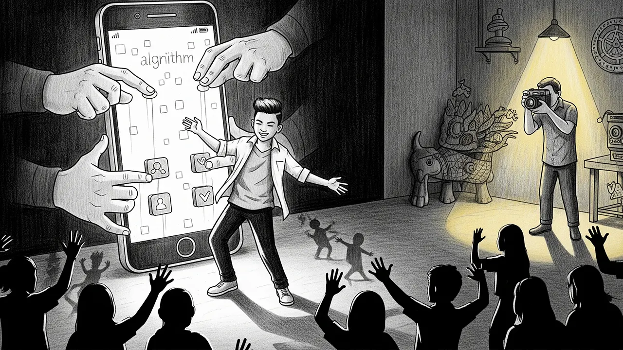 Simbolisasi kekuatan algoritma dalam membentuk ekspresi digital kaum muda, namun juga adanya ruang untuk perlawanan dan pelestarian budaya lokal. (GG)
