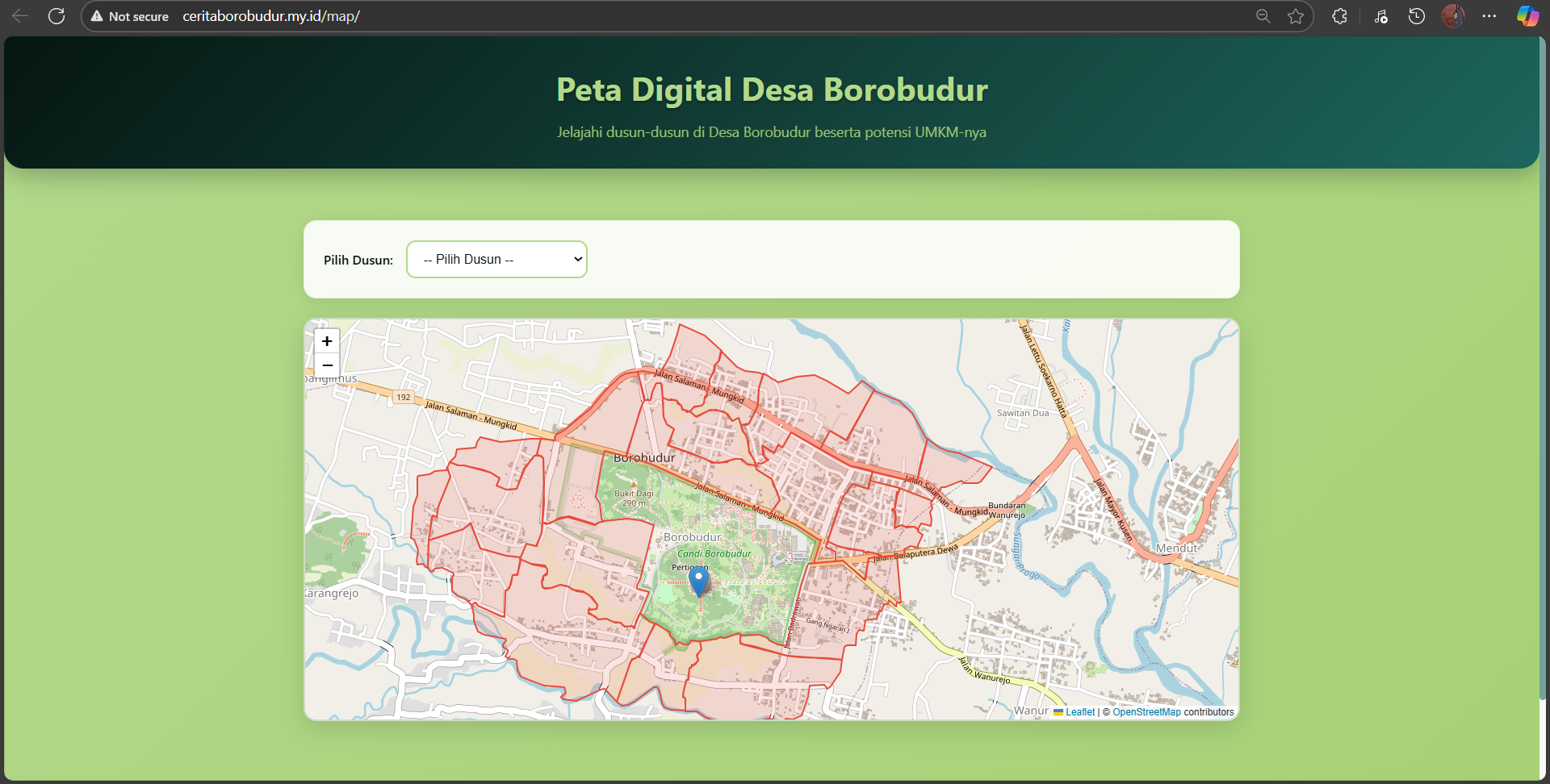 Tampilan peta digital Desa Borobudur yang dikembangkan mahasiswa KKN UNS. Peta ini memuat batas dusun sekaligus lokasi UMKM sebagai sarana promosi potensi desa.