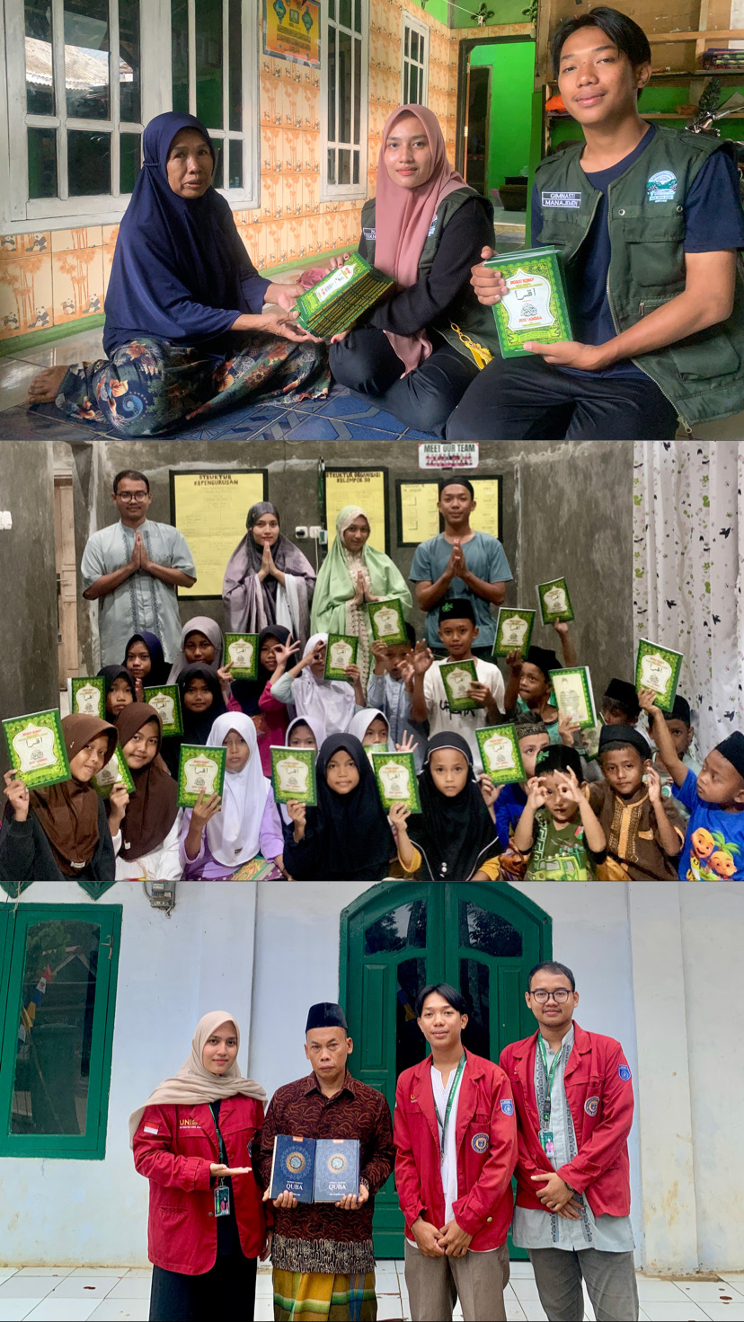 Mahasiswa KKM 30 Universitas Bina Bangsa menyerahkan Al-Qur’an dan Iqro secara langsung kepada warga Desa Dahu sebagai bagian dari program kerja bidang keagamaan. (doc. KKM 30 UNIBA)