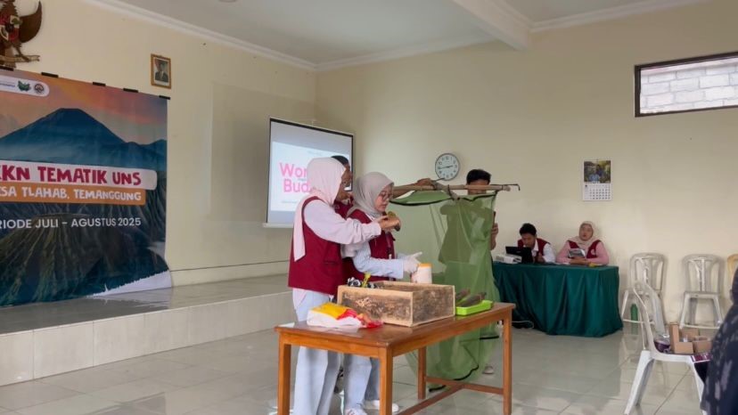 Mahasiswa KKN saat menjelaskan media yang digunakan untuk induk lalat berkembang biak. (doc. KKN 334 UNS)