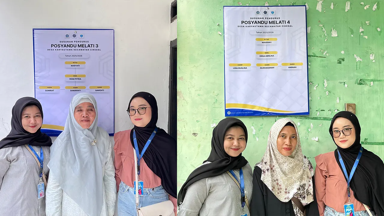 Momen kebersamaan mahasiswa KKM Kelompok 31 dengan kader Posyandu Desa Karya Utama usai pemasangan banner. Kolaborasi sederhana yang berdampak besar bagi pelayanan kesehatan di tingkat kampung. (doc. KKM Kelompok 31 UNIBA)