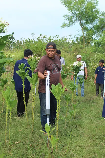 Seorang anggota Kelompok Tani Muda Berkarya Desa Sulang mencoba langsung penggunaan alat penebar pupuk sederhana “SULAP” di lahan pertanian. (doc. KKN XIX Sulang UNISNU Jepara)