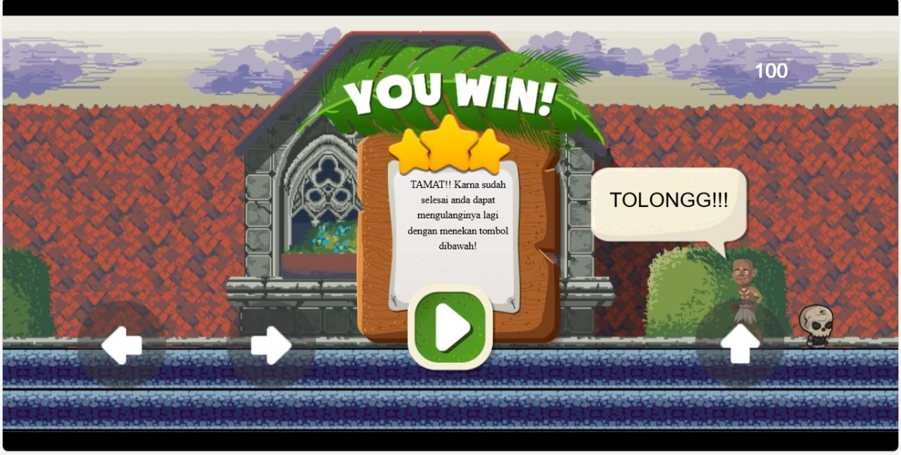 Tangkapan layar ketika bermasil menyelesaikan misi Game edukasi anak "Suku Terlupakan Mencari Keris Legenda". (doc. KKM 10 UNIBA)