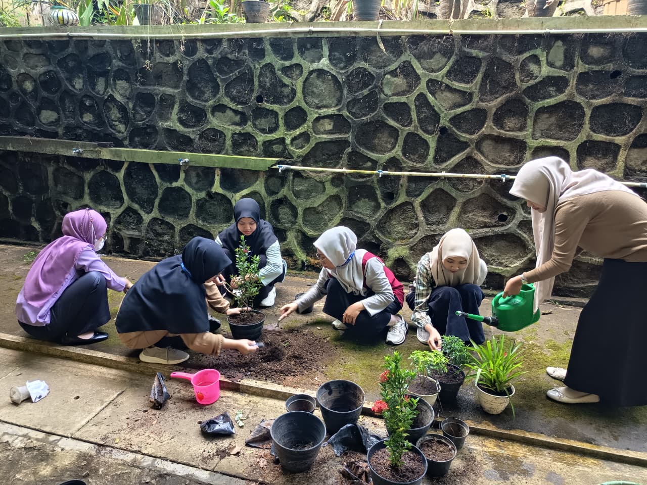 Mahasiswa Untidar bersama siswa SMPIT Ihsanul Fikri menanam tanaman hias dalam kegiatan Greenovation sebagai upaya menciptakan lingkungan sekolah yang lebih hijau dan asri. (doc. pribadi)