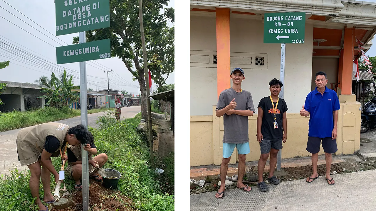 Mahasiswa KKM 66 UNIBA tengah memasang plang identitas dan bersama warga berpose di depan plang RW 04 yang baru dipasang di Desa Bojong Catang, Kecamatan Tunjung Teja, Kabupaten Serang, sebagai bagian dari program peningkatan identitas wilayah dan tertib administrasi. (Dok. KKM 66 UNIBA)