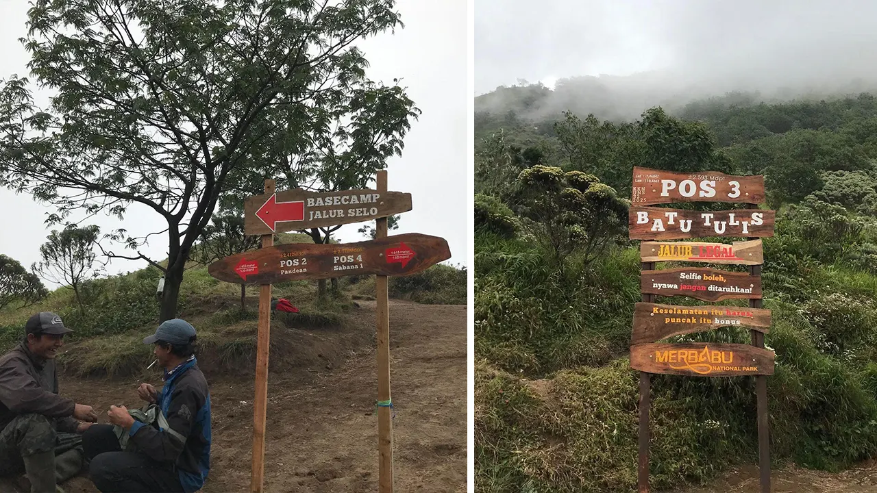 Papan informasi jalur pendakian Gunung Merbabu via Selo yang telah diperbaiki. (doc. KKN 32 UNS)