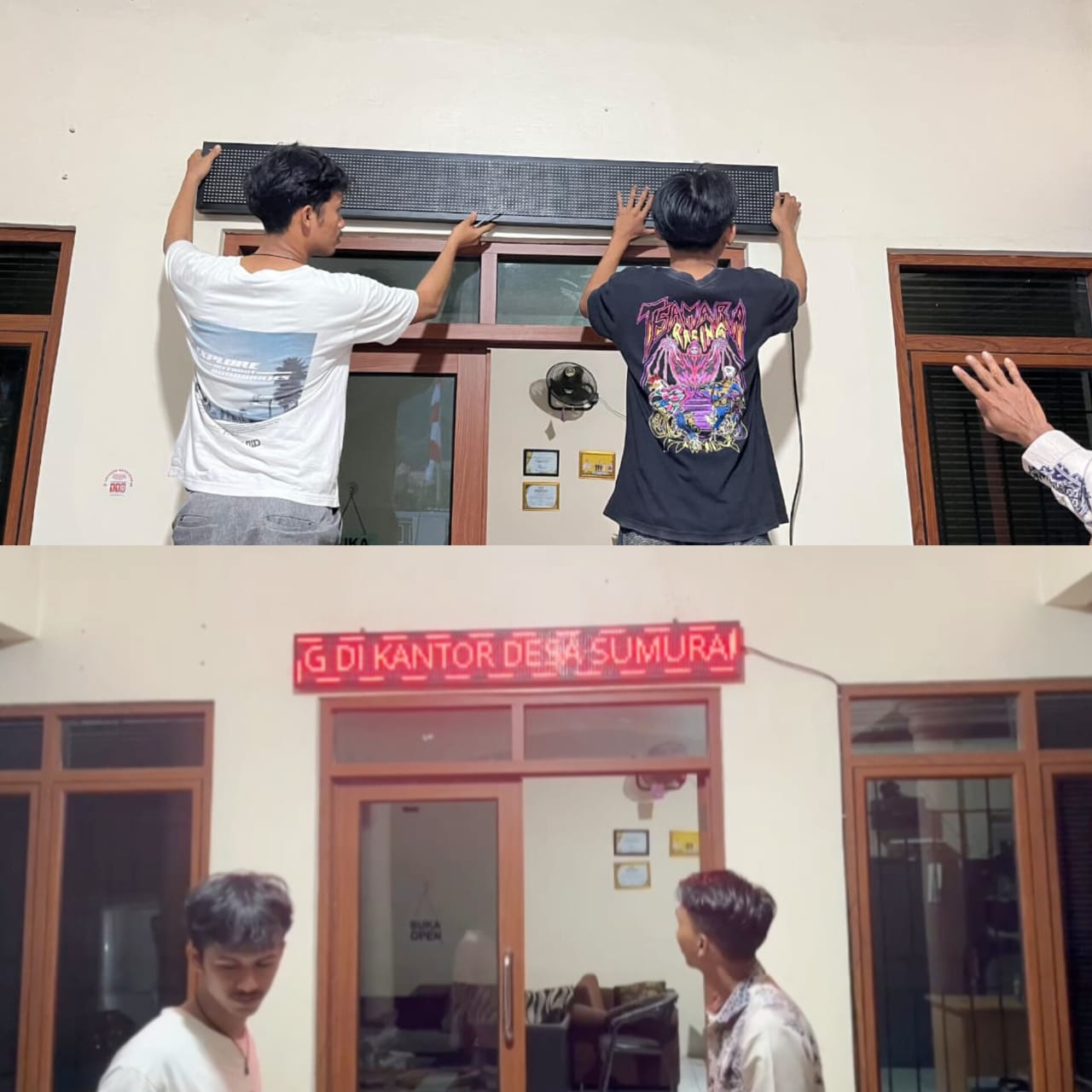 Keberlangsungan pemasangan running text di depan pintu masuk Kantor Desa Sumuranja, Kamis, (14/08/2025). (doc. Mahasiswa KKM-83/UNIBA)