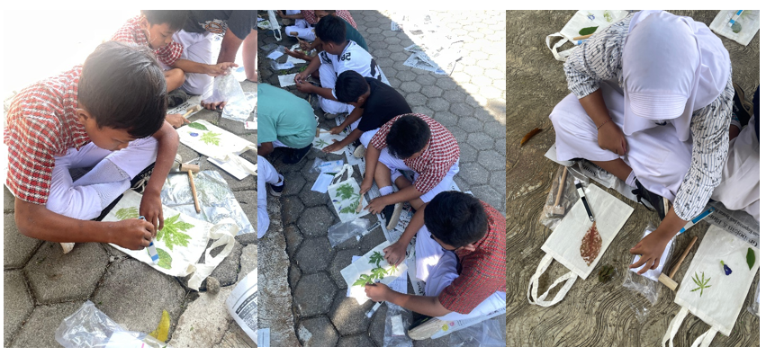 Siswa SD 2 Tanjungrejo tampak antusias saat mempraktikkan teknik ecoprint pada totebag ramah lingkungan dalam workshop “Dari Daun Menjadi Karya”. (doc. KKN 132 UNS)