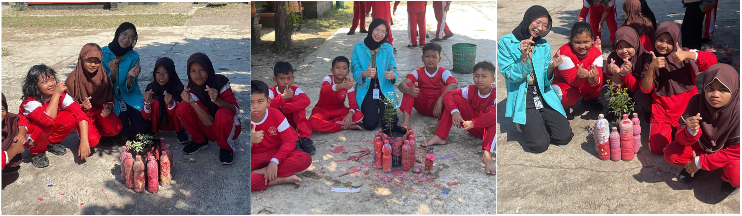 Mahasiswa KKN 132 membimbing siswa SD 1 Tanjungrejo membuat dan menghias pot ecobrick sebagai bagian dari program kerja pengolahan ecobrick pada Jumat (1/8/2025). (doc. KKN 132 UNS)