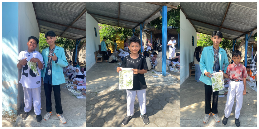 Mahasiswa KKN UNS 132 melakukan foto dan wawancara singkat dengan beberapa siswa SD 2 Tanjungrejo yang tampak sangat antusias mengikuti workshop “Dari Daun Menjadi Karya: Ecoprint Totebag Ramah Lingkungan”. (doc. KKN 132 UNS)