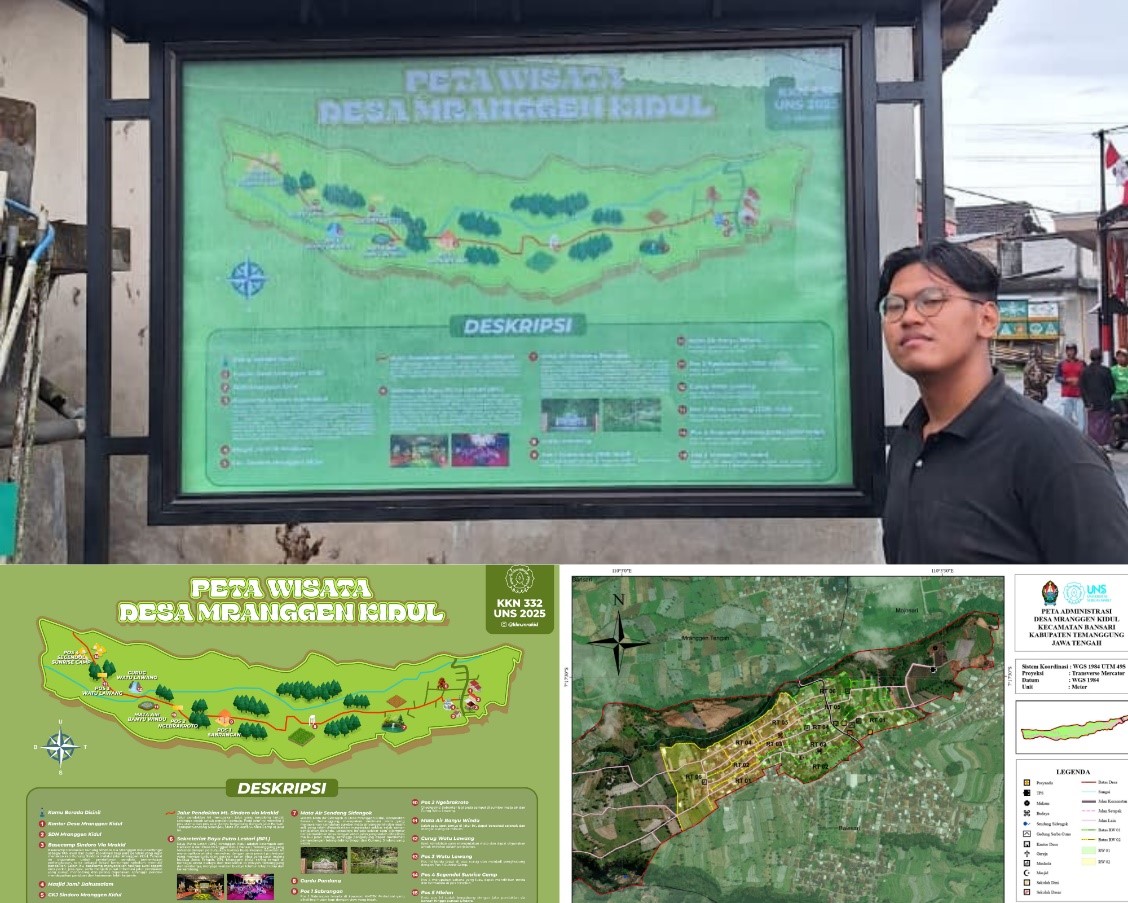 Mahasiswa KKN 332 UNS memasang papan informasi peta wisata Desa Mranggen Kidul sebagai upaya memperkenalkan potensi alam dan budaya setempat. (doc. KKN 332 UNS)