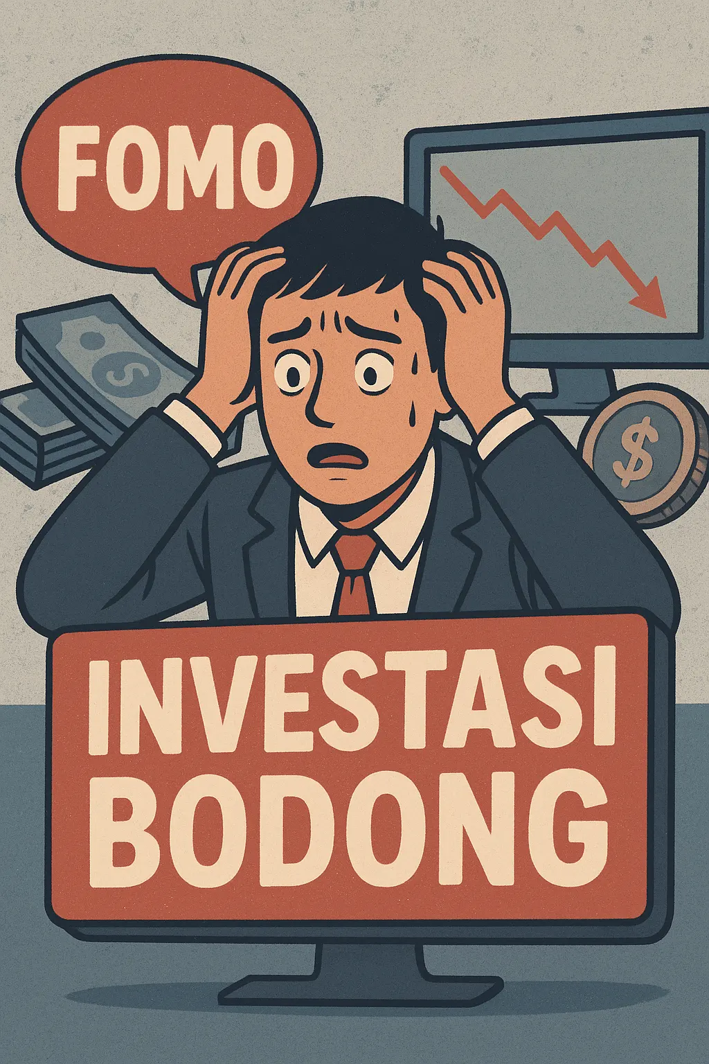 Ilustrasi seseorang panik setelah terjebak investasi bodong akibat dorongan FOMO (Fear of Missing Out).