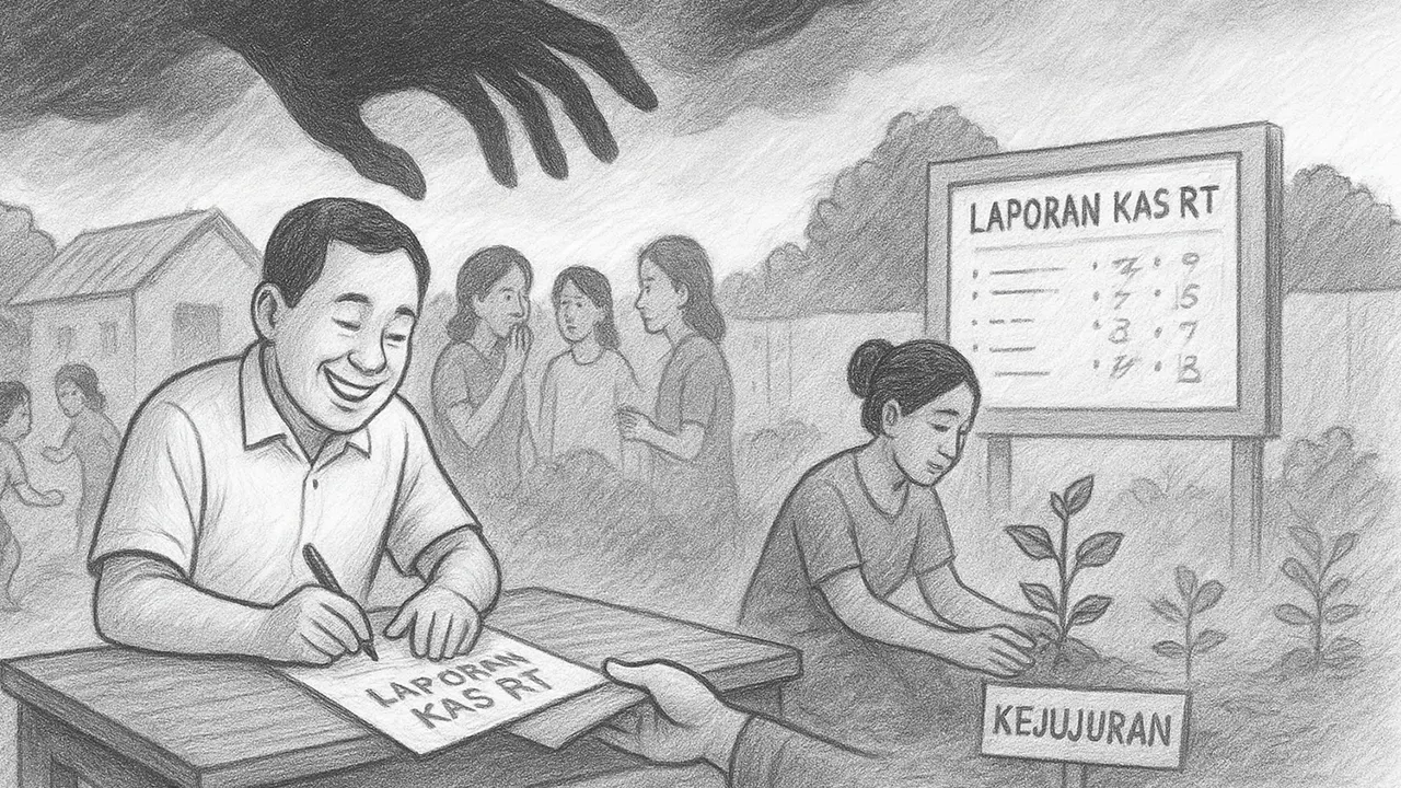 Menggambarkan bahwa korupsi tidak hanya terjadi di gedung tinggi, tetapi juga dapat tumbuh diam-diam di lingkungan kecil seperti RT dan harapan perubahan dimulai dari warga yang berani menjaga kejujuran.