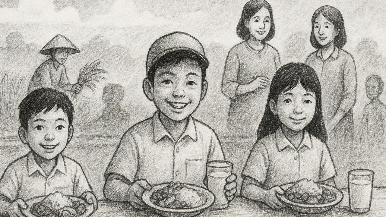 Menggambarkan harapan baru bagi anak-anak Indonesia melalui program makan bergizi gratis, di mana keadilan gizi menjadi fondasi masa depan bangsa.