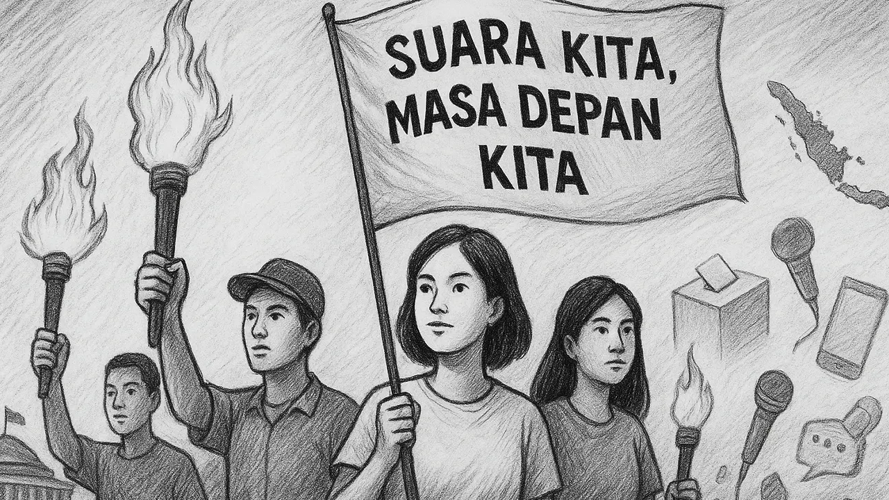 Menggambarkan semangat anak muda sebagai penerang demokrasi dan pembawa harapan bagi masa depan politik Indonesia.