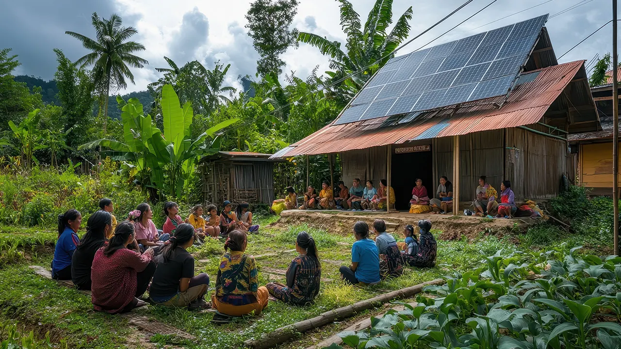 Warga desa berkumpul di depan rumah yang telah dilengkapi panel surya, simbol perubahan menuju kemandirian energi dan kehidupan berkelanjutan di daerah terpencil. (Freepik)
