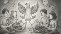 Ilustrasi generasi digital merajut kembali nilai Pancasila di tengah simpang siur informasi.