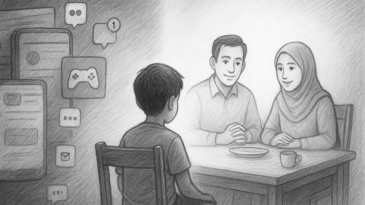 Melambangkan keseimbangan antara kebebasan dan pengendalian diri dalam mendampingi anak generasi Z di tengah derasnya arus dunia digital.