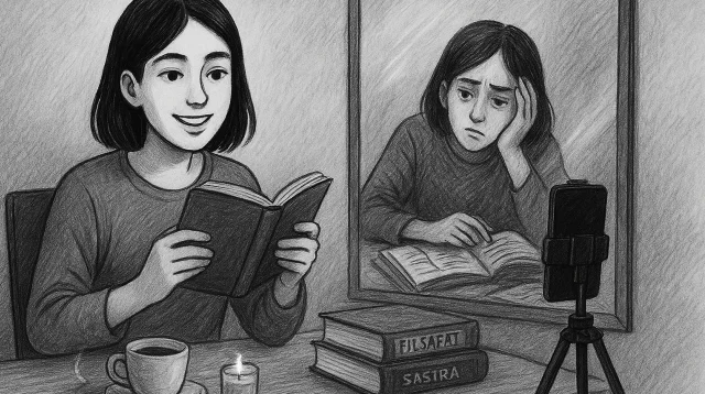 Menegaskan paradoks antara pencitraan intelektual dan makna sejati membaca, di mana keheningan dan proses belajar dikalahkan oleh kebutuhan untuk tampak berwawasan di depan kamera.