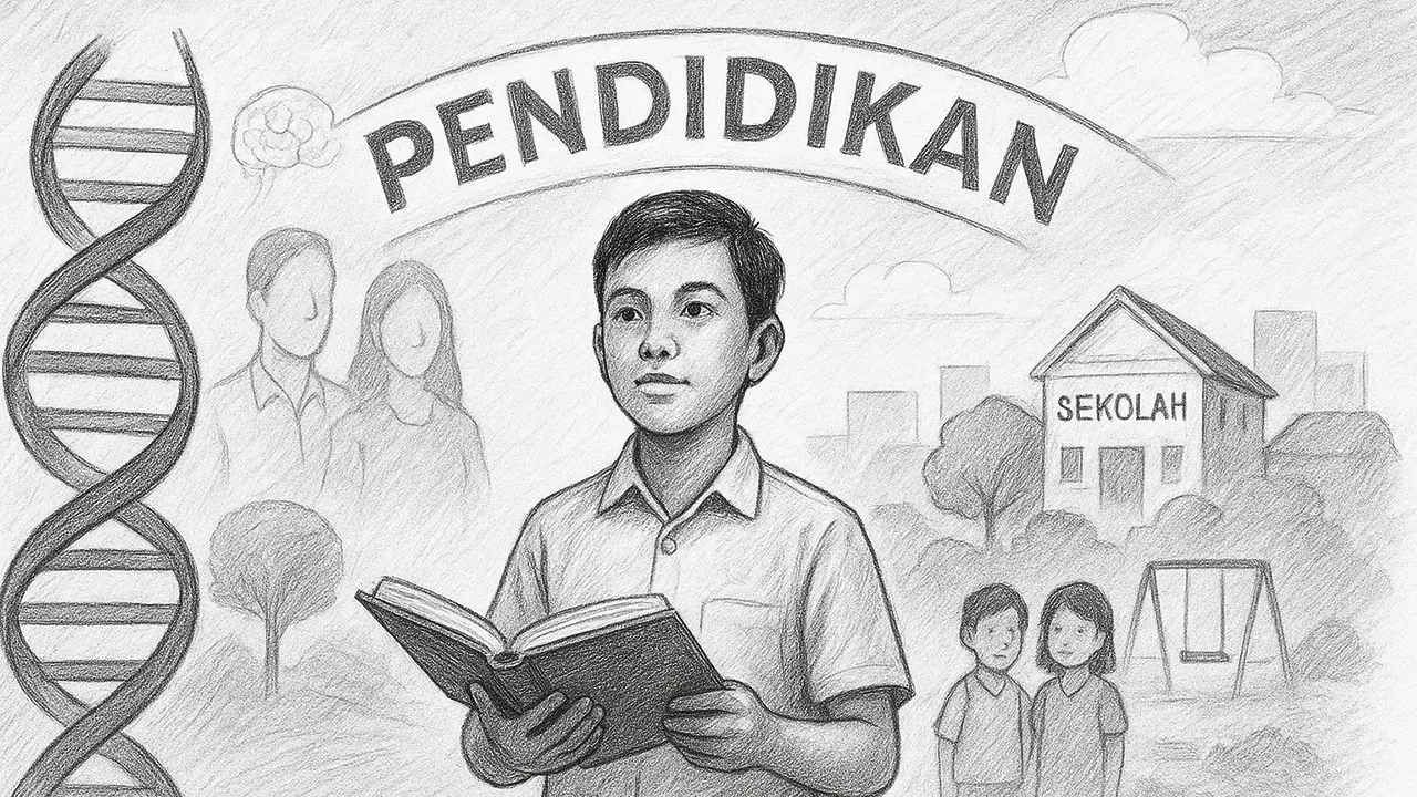 Menggambarkan keseimbangan antara warisan genetik dan pengaruh lingkungan yang dijembatani oleh pendidikan sebuah simfoni kompleks dalam membentuk manusia seutuhnya.